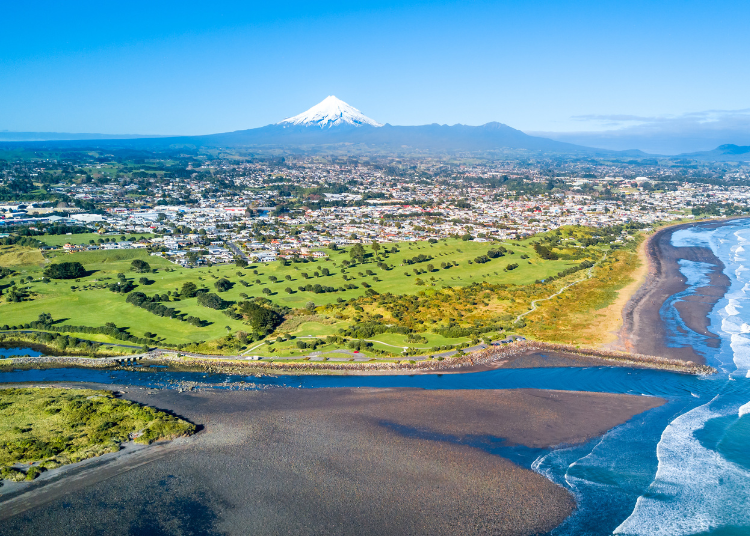 Taranaki from the air with New Plymouth and Mt Taranaki in the background